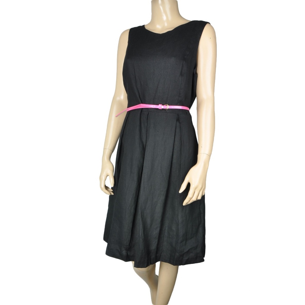 Manoukian Black Pleated A-Line Belt Dress